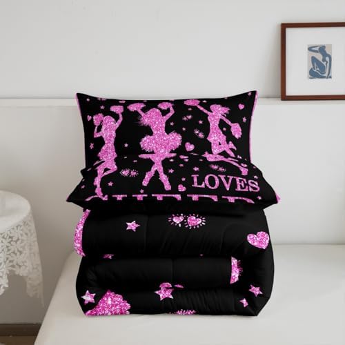 Just for Girl Loves Cheer Comforter Set King Teen Girls Cheer Sports Bedding Sets for Cheerleader Gifts,Pink Purple Glitter Sequins Quilt Duvet Love Hearts Star Decor Comforter Black Room Decor 3 Pcs
