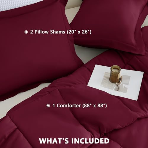 CozyLux Queen Size Comforter Set, 3-Piece Box-Stitched, Burgundy