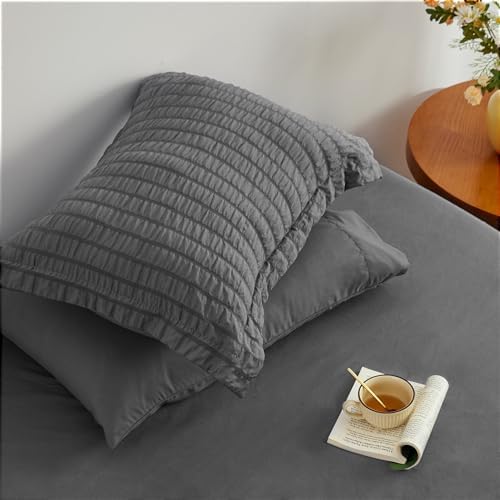 Love's cabin Seersucker Dark Grey California King Comforter Set, 7 Pieces California King Bed in a Bag, All Season Bedding Sets with Comforter, Flat Sheet, Fitted Sheet, Pillowcase and Pillow Sham