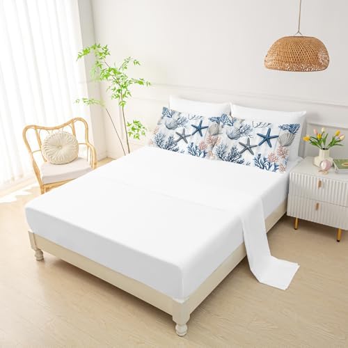QOOMO Coastal 7 Pieces Comforter Set Twin Size,Coral Starfish Bedding Set