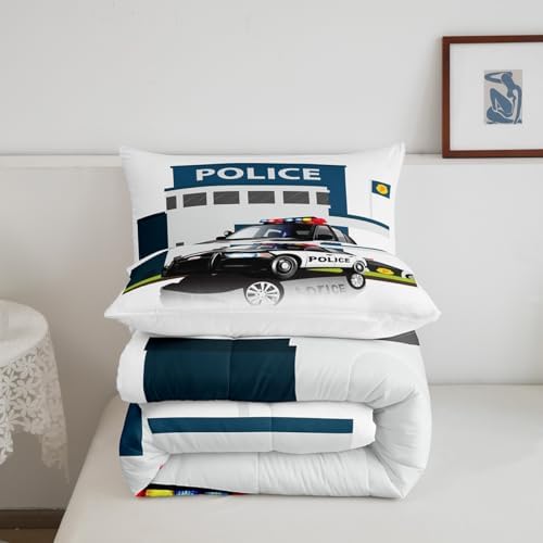 Children Police Car Down Comforter, 3D Car Pattern Comforter Set Queen Size for Kids Boys Girls Teens Bedroom, Cartoon Automobile Quilted Duvet, Decorative 3 Piece Bedding Set with 2 Pillow Cases