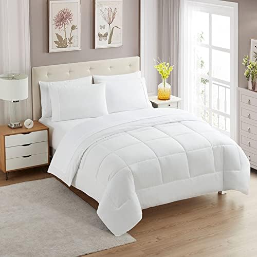Sweet Home Collection 7 Piece Comforter Set Bag Solid Color All Season Soft Down Alternative Blanket & Luxurious Microfiber Bed Sheets, White, Full