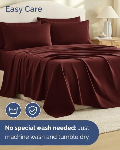 Split King 7 Piece Bed Sheet Set - Comfy, Breathable & Cooling - Oxblood