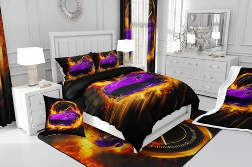 Erosebridal Purple Race Car Twin Comforter Set for Boys Girls,Kids Sports Car Bedding Set Race Car Decor for Toddler Boys Room,Cool Cars Comforter Set Breathable Racing Car Quilt Bed Set 2Pcs
