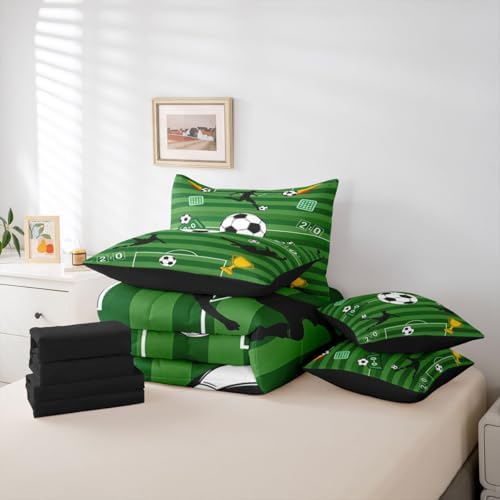 Erosebridal Green Playground Soccer Boys Kids King 7-Piece Comforter Set | Ball Games Sheets and Pillowcases Geometric Striped Bed in A Bag Football Court Gaming Bed Sets