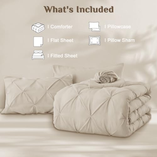 JOLLYVOGUE Twin Comforter Set 5 Pieces - Bed in a Bag Twin for All Season, Pintuck Bedding Comforter Sets with Comforter, Flat Sheet, Fitted Sheet and Pillowcases & Shams, Linen