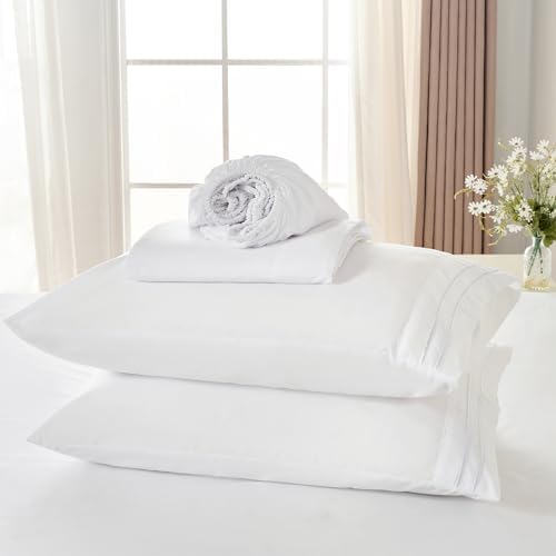 ROSE&RISY White King Sheet Set, 4 Pieces Soft Bedding King Sheet Set, Breathable and Cooling,Includes 1 x Fitted Sheet, 1 x Flat Sheet, 2 x Pillowcases - Deep Pocket (White, King)