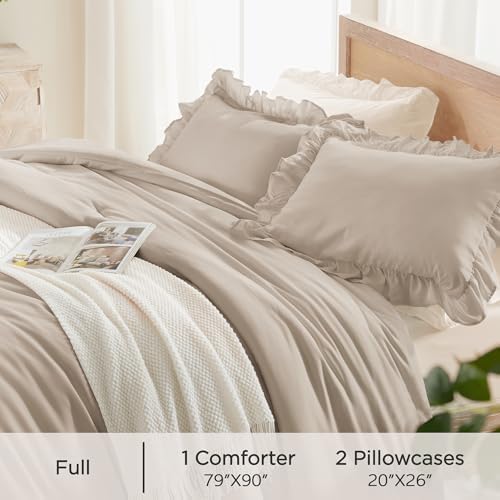 Andency Wheat Comforter Set Full Size, 3 Pcs Solid Ruffle Vintage Bedding