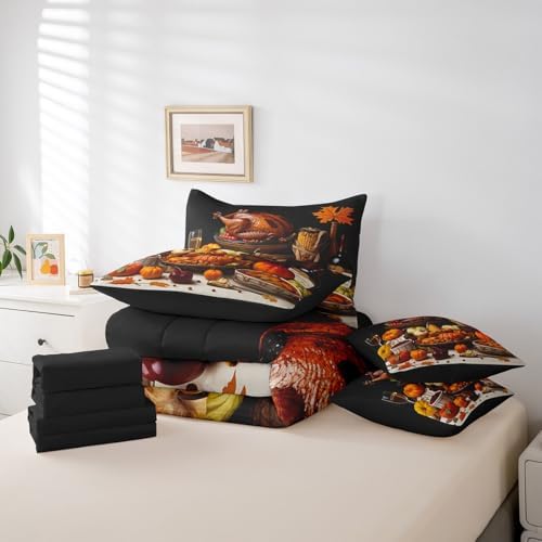 Erosebridal Thanksgiving Harvest Bed in A Bag with Sheets Full Roast Chicken Pumpkin Corn 7 Piece Comforter Set Fall Food Bedding Set,Autumn Maple Leaves Bedding Comforter Sets