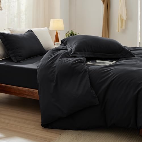 Bedsure Prewashed Duvet Cover Queen with Fitted Sheet, 4-Piece Set, Black