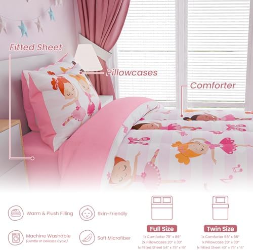 SANDJEST Ballet Full Bedding Sets for Girls, Ultra Soft Microfiber Comforter Set with 4-Pieces, Comforters Kids Bed Set for Children Teen Tween Bedroom Decor