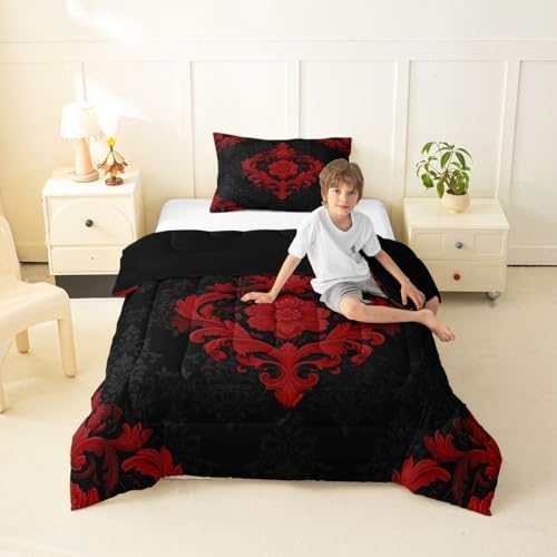 Feelyou Red Gothic Comforter Set Twin Size Vintage Damask Boho Bedding Set for Kids Boys Girls Exotic Victorian Duvet Quilt Bedroom Decor Microfiber 2 Pcs with 1 Pillow Cases