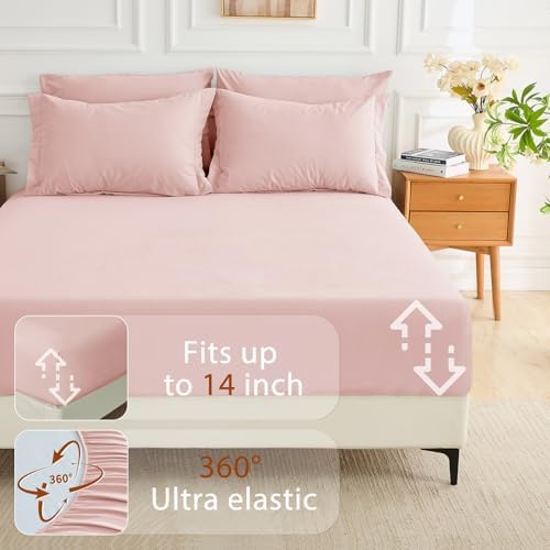 MUXHOMO 7 Pieces King Comforter Set, Soft Bed in a Bag King Size, All Season Bedding Set with Comforter, Flat Sheet, Fitted Sheet, Pillowcases & Shams, Pink
