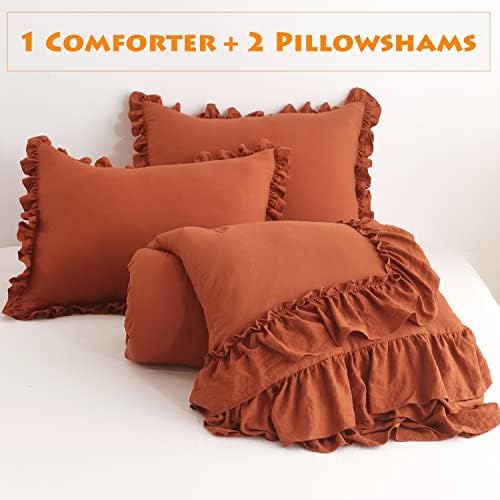 Masaca Terracotta Ruffled Comforter King Size,Shabby Burnt Orange Chic Farmhouse Bedding Lightweight Fluffy Ruffle Bed Comforter Aesthetic Rustic Bed Set 3 Pieces