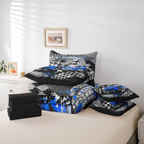 Blue Racing Car Comforter Set 7 Pieces,Fast and Furious Extreme Sport Games Bed Set,Sports Car Bedding Bed in a Bag,Full (1 Comforter,2 Pillowcase,2 Pillow Covers,1 Flat Sheet,1 Fitted Sheet)