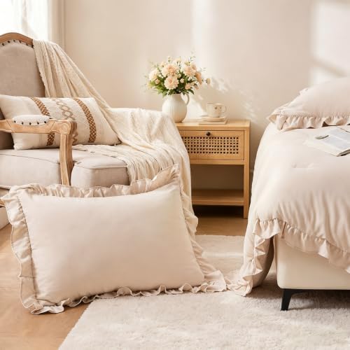 FUANNA Twin/Twin XL Comforter Set, Ruffle Bed Set, 2 PCS Bedding Set, Beige