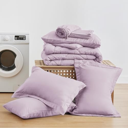 Love's cabin California King Comforter Set Light Purple, 7 Pieces California King Bed in a Bag, All Season Bedding Sets with 1 Comforter, 1 Flat Sheet, 1 Fitted Sheet, 2 Pillowcase and 2 Pillow Sham