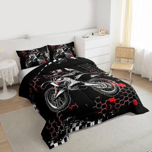 Castle Fairy Dirt Bike Twin Size Comforter Set for All Seasons,Extreme Sports Racing Car Bedding Set Teens Bedroom Decor,Red Geometric Honeycomb Comforter Inner Fill with 1 Pillowcase