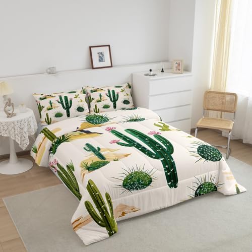 Manfei Desert Comforter Set Full Size Green Cactus Bedding Set 3pcs for Kids Boys Teens Botanical Duvet Insert Soft Microfiber Down Comforter with 2 Pillowcases