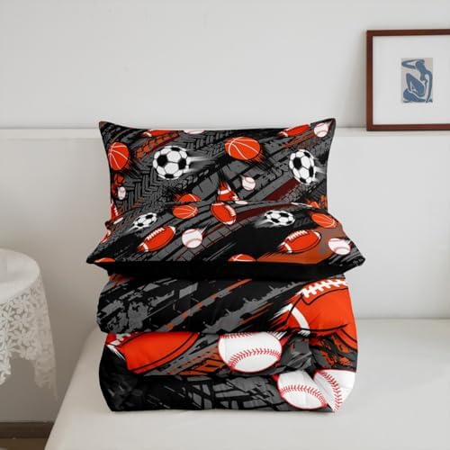 Homewish Sports Theme Full Size Comforter Set,Soccer Football Bedding Set for Adults Teens,Children Baseball Basketball Comforter Luxury Sports Gaming Quilt Set Room Decor 3Pcs
