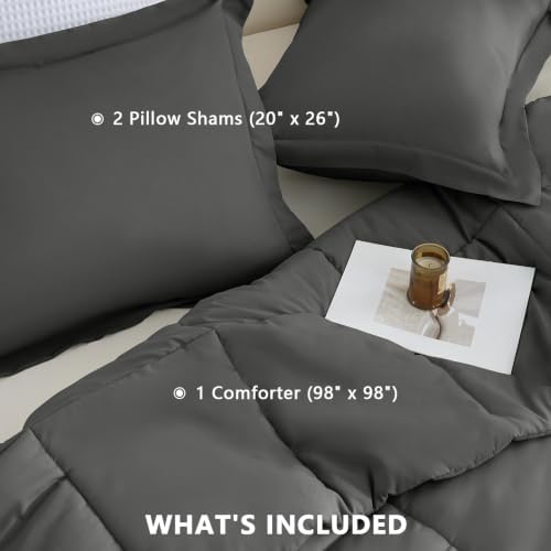 CozyLux Oversized Queen Comforter Set, 3-Piece Box-Stitched, Dark Grey