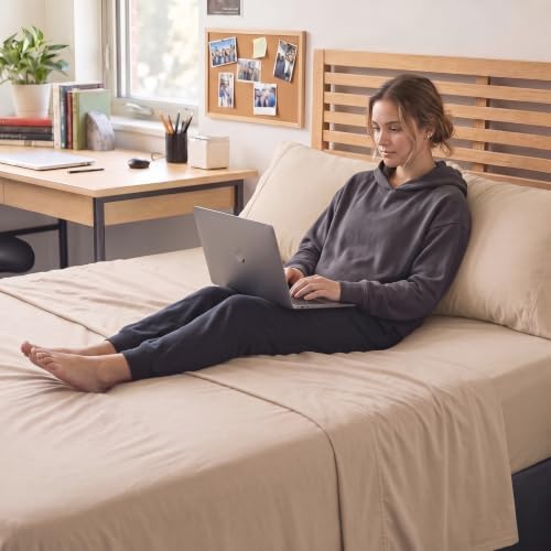 Full XL 100% Cotton Jersey Knit Sheet Set, 4PC, 15" Deep Pocket, Beige