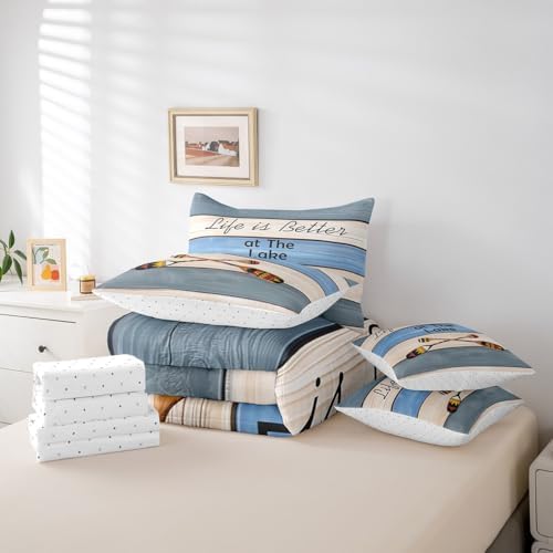 Erosebridal Lake House Bedding Set for Kids Teens,Boat Paddle Comforter Set Full Size,Blue Wooden Plank (Comforter+Fitted+Flat Sheet+2 Pillowcases+2 Throw Pillow Covers) 7 Pieces Bed Set