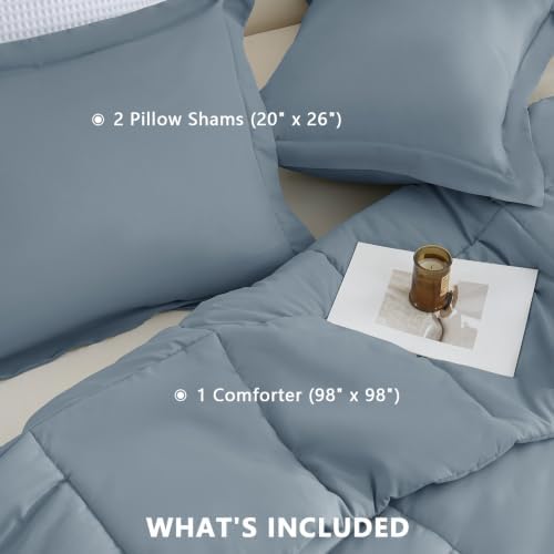 CozyLux Oversized Queen Comforter Set, 3-Piece Box-Stitched, Grayish Blue