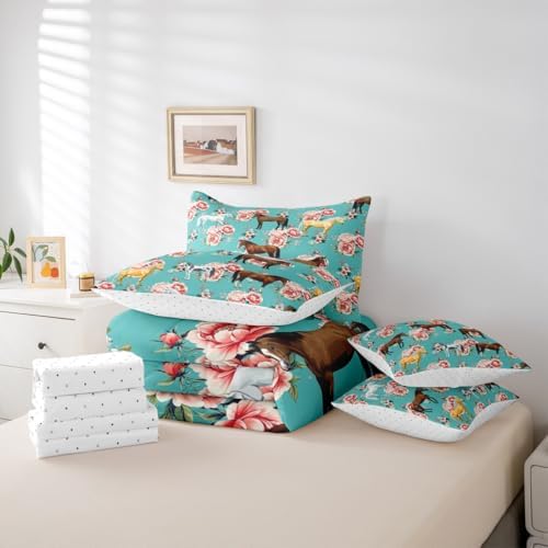 Erosebridal Kids Horse Queen Comforter Set 7 Pieces, Chic Retro Floral Bed in A Bag, Galloping Horse Printed Bedding Set with Comforters, Sheets, Pillowcases Farm Animal Bedroom Decor
