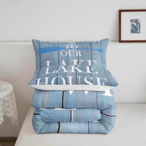 Lake House Comforter Set King Size, Cabin Rustic Farmhouse Style Bedding Set 3pcs, Blue Wooden Plank Lake Themed Down Comforter for All Season, Kids Boys Girls Room Decor, 2 Pillowcases, No Sheets
