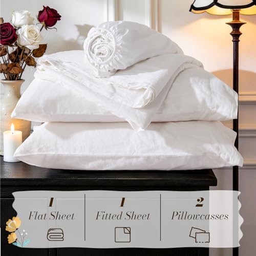 SONORO KATE 100% French Linen Queen Size Sheets Set,Natural Flax Bedding