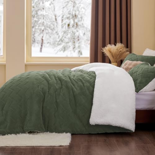 BEDELITE Fluffy Sherpa King Comforter Set,Dark Green