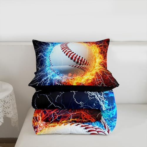 Erosebridal Baseball Comforter for Kids Teens, Sport Theme Bedding Full Size for Boys Softball Quilt Set Ice Fire Print Duvet Set, Ball Gaming Gamer Comforter Set Red Blue Black Bedroom Decor 3Pcs