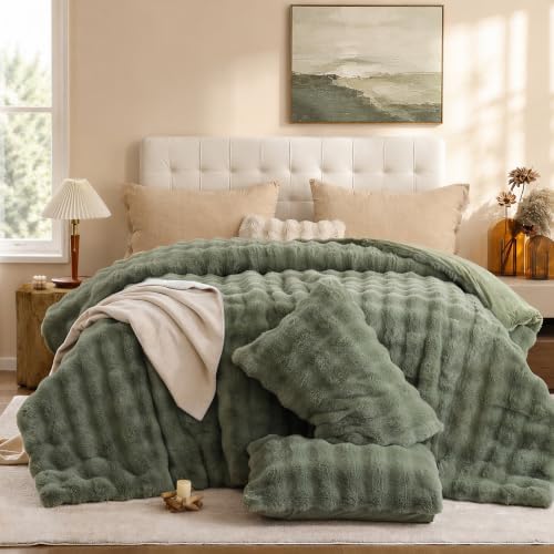 YIKUSH King Faux Fur Soft Comforter Set, Fluffy Green Rabbit Fur Comforter