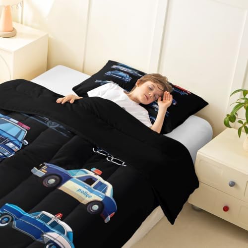 Feelyou Police Car Comforter Set Toddler Size Cartoon Car Bedding Set for Kids Boys Girls Policeman Vehicle Duvet Quilt Bedroom Decor Microfiber 2 Pcs with 1 Pillow Case