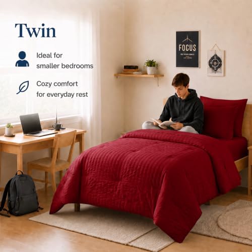 CozyLux Twin Comforter Set, 5 Pieces Dark Red Seersucker Bed in a Bag