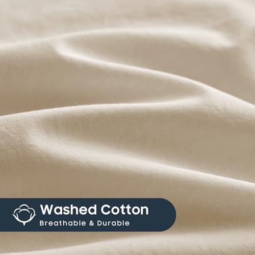 Wake In Cloud - Cotton Duvet Cover Set, 100% Washed Cotton, Linen Like Textured, Breathable Durable Comfy Farmhouse Neutral Bedding Set, 3 Pieces, Khaki Linen, Queen Size