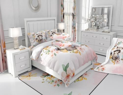 Manfei Cute Raccoon Comforter Set Full Size, Watercolor Flower Quilt Set with 2 Pillowcases, Floral Animal Theme Bedding Set 3pcs for Kids Boy Girls Bedroom Decor Lightweight Duvet Insert