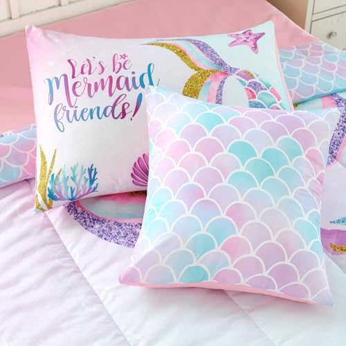 Cokouchyi Twin Size Comforter Set for Girls, 5-Piece Bed in a Bag, 3D Colorful Mermaid Bedding Comforter Sheet Set, Ultra Soft and Fluffy, Mermaid