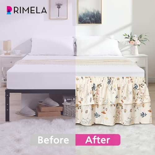 RIMELA Ruffle Bed Skirt Balloon Flower Floral Queen 15 Inch Drop, Elastic Wrap Around Bed Skirting Queen Size, Easy to Install Dust Ruffle, Machine Washable Soft Fabric, Multi Ruffle Bedskirt