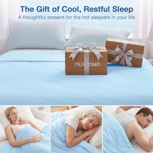 MUXHOMO Cooling Comforter Twin Size, Cooling Blanket for Hot Sleepers and Night Sweats, Lightweight Summer Comforter with Breathable Bamboo-Derived Rayon Fill, 88x68 Inches, Blue