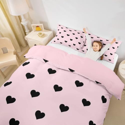Pink Duvet Cover Queen Size Love Heart Bedding Set for Kids Girls Women, Pink and Black Love Pattern Comforter Cover Soft Breathable All Season Cute Kawaii Girly Bed Set Room Bedroom Decor