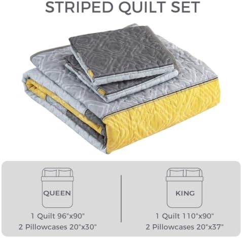 Cottolester Boho King Size Quilt Set,Yellow Grey Striped Bedsperad Coverlet