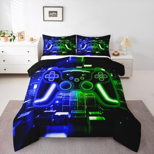 Erosebridal Gaming Comforter Set Gamer Girl Toddler Bedding Set, Neon Lights Video Game Consoles Comforter Blue Green Brick Cube Quilt,Video Game Decor