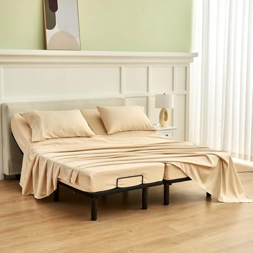 Kingnex Split California King Sheets Set for Adjustable Bed 5 Pieces Include 2 Cal Twin XL Fitted Sheets 1 Flat Sheet 2 King Size Pillowcase Beige