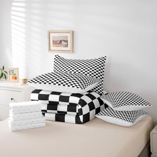jejeloiu Black White Bedding Set 7Pcs King Size Kids Buffalo Plaid Comforter Set with Sheets for Boys Girls Checkered Grid Bed in a Bag Soft Lightweight,Microfiber