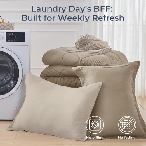 HEVUMYI 5-Piece Twin XL Comforter Set, Khaki & Linen Bed in a Bag