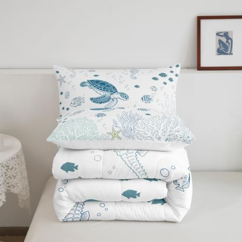 Castle Fairy Sea Turtle Comforter Set Full Size Ocean Coral Shell Starfish Bedding Set 3pcs,Sealife for Kids Boys Girls Room Decor,Blue Sketch Line Piece All Season with 2 Pillowcases