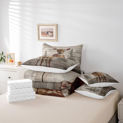 Erosebridal Rustic Elk Deer 7 Piece Bedding Set Queen Jungle Wildlife Sika Deer Comforter Set Vintage Wooden Board Bed in a Bag Watercolor Forest Sheet Set with Comforter Pine Tree Home Decor