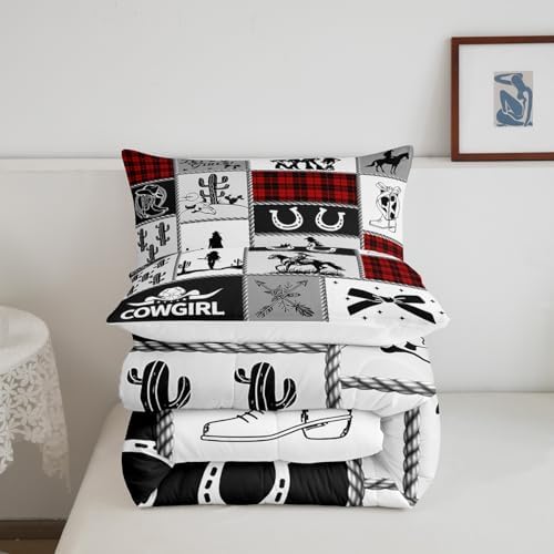 Western Cowgirl Kid Comforter Set King Size,Cactus Horseshoe Cow Skull Geometric Patchwork Bedding Set,Girls Women Room Decor,Bowknot Arrow Boho Down Comforter,Red Xmas Duvet Insert,2 Pillowcases